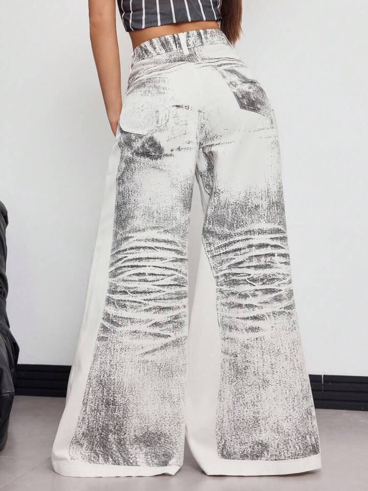 CM-BS908880 Women Casual Seoul Style Low Waist Washed Out Wide Leg Jeans - White