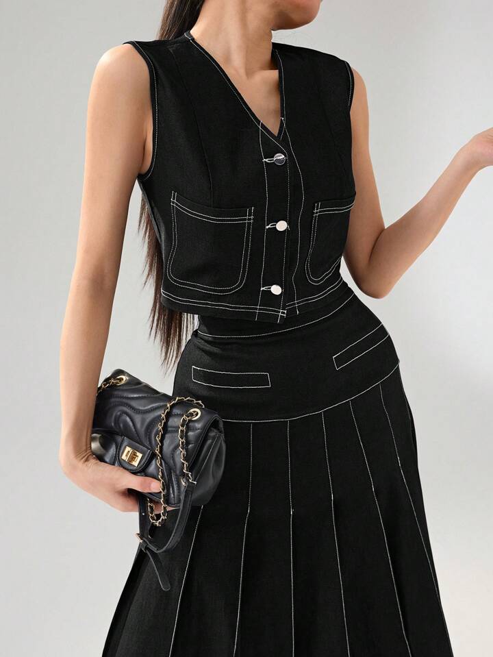 CM-SS928272 Women Elegant Seoul Style V-Neck Front Button Sleeveless Blouse With A-Line Skirt - Set