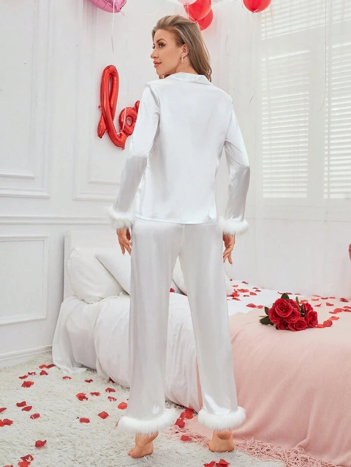 CM-LS888024 Women Trendy Seoul Style Satin Plush Detail Patchwork Pajama Set - White