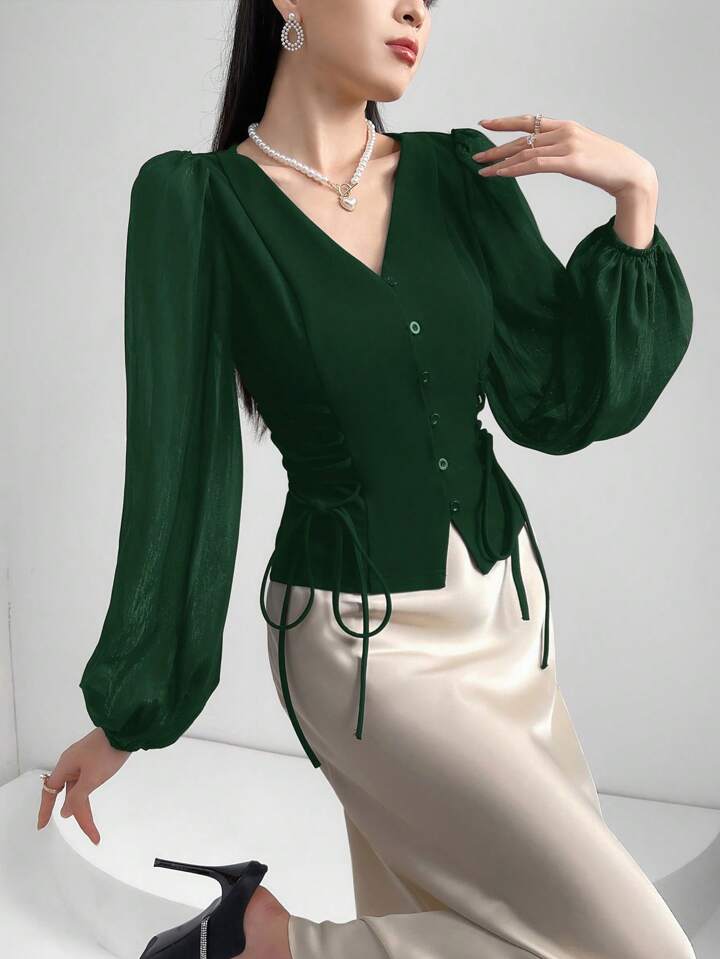 CM-TS801224 Women Elegant Seoul Style Sheer V-Neck Puff Lantern Sleeves Lace-Up Detail Blouse - Dark Green