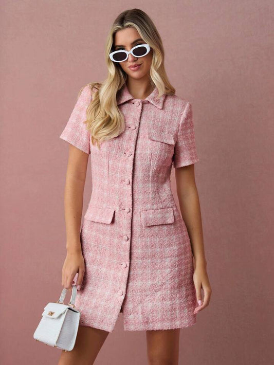 CM-DS211203 Women Elegant Seoul Style Tweed Button Front Collar Neckline Short Sleeves Mini Dress - Pink