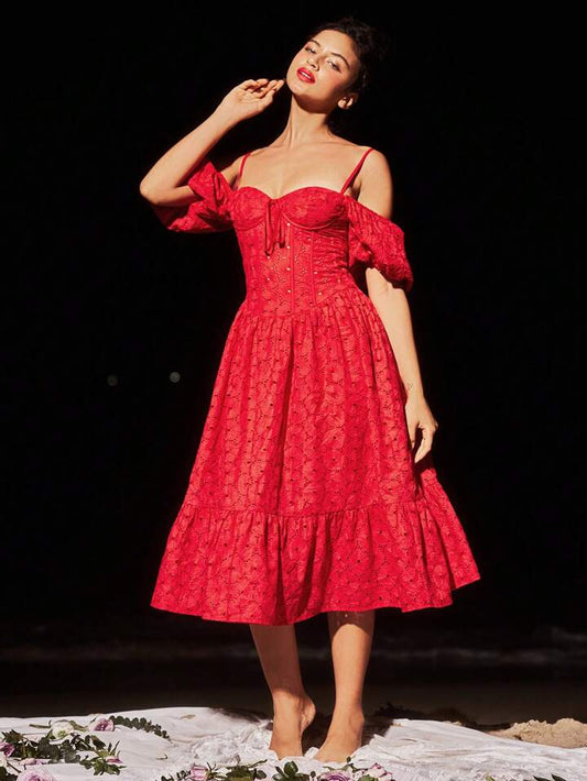 CM-DS939332 Women Casual Seoul Style Solid Color Bubble Sleeves Ruffle Hem Dress - Red