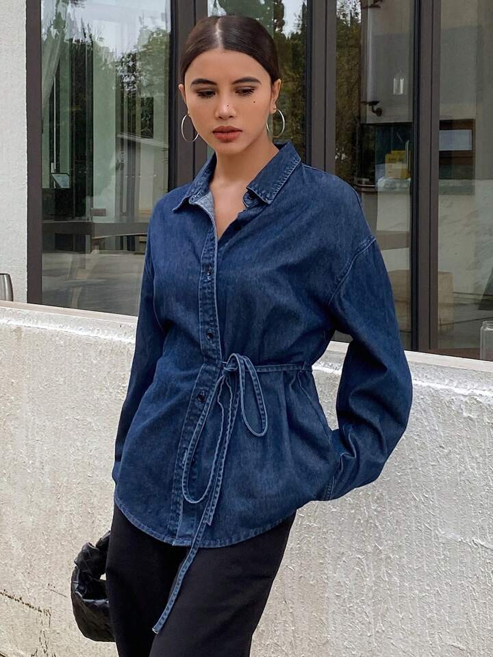 CM-TS761716 Women Casual Seoul Style Solid Color Tie Loose Lapel Long Sleeve Denim Jacket - Blue
