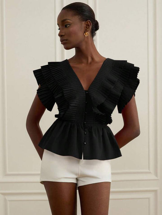 CM-TS444989 Women Elegant Seoul Style V-Neck Flounce Sleeve Multi-Layer Ruffle Pleated Blouse - Black