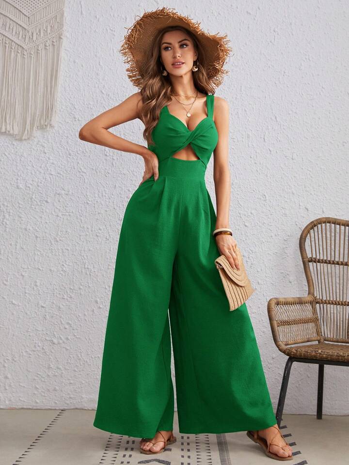 CM-JS784164 Women Trendy Bohemian Style Twist Front Cutout Cami Jumpsuit - Green