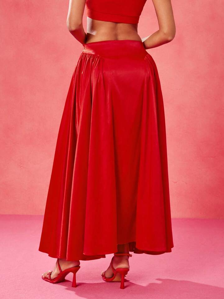 CM-BS154219 Women Elegant Seoul Style Satin High Waist A Line Rave Long Skirt - Red