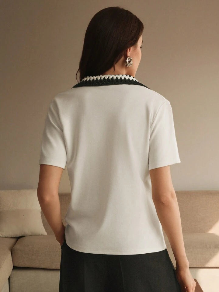 CM-TS122449 Women Casual Seoul Style Color Block Ribbed Trim Short Sleeve T-Shirt - White