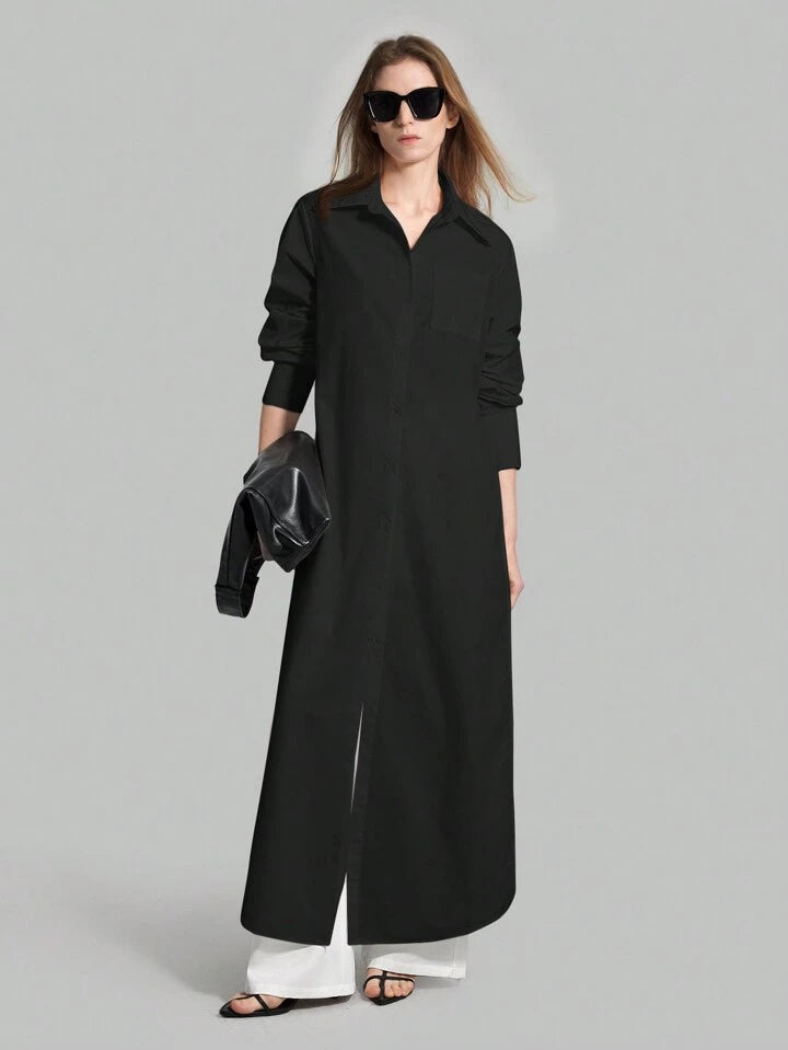 CM-TS855315 Women Casual Seoul Style Shirt Collar Long Sleeve Front Button High Slit Long Shirt - Black