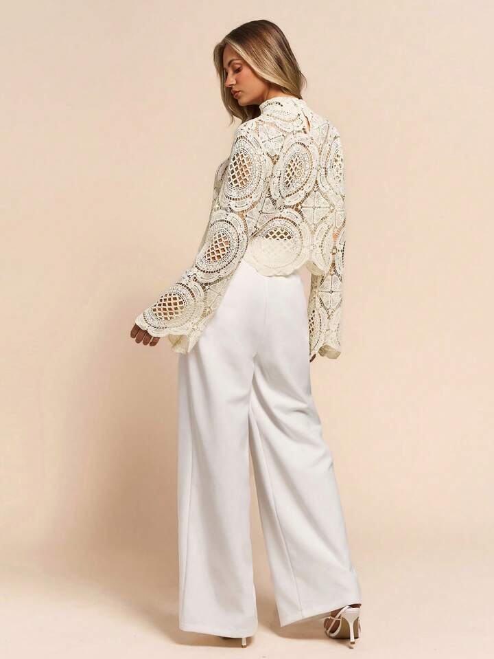 CM-TS990904 Women Casual Seoul Style Stand Collar Lace Hollow-Out See-Through Blouse - Apricot
