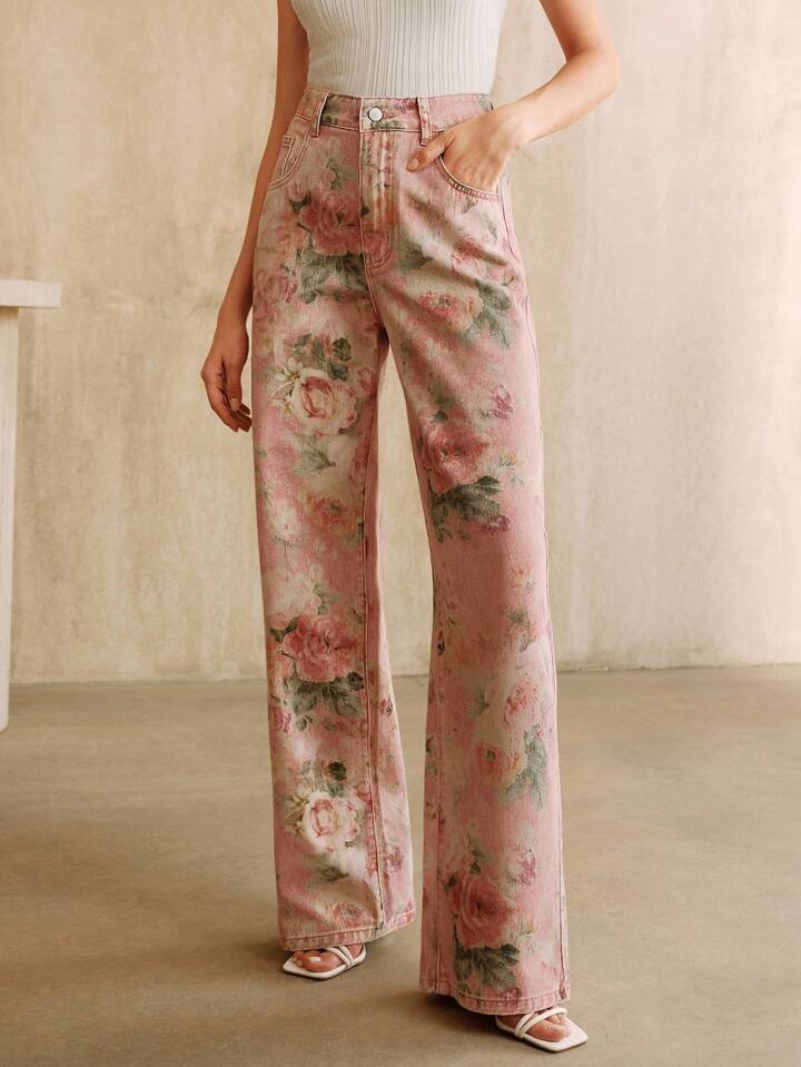 CM-BS799989 Women Casual Seoul Style Mid Waist Floral Printed Straight Leg Jeans - Pink