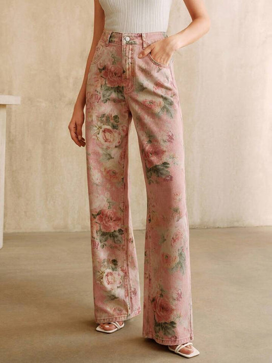 CM-BS799989 Women Casual Seoul Style Mid Waist Floral Printed Straight Leg Jeans - Pink