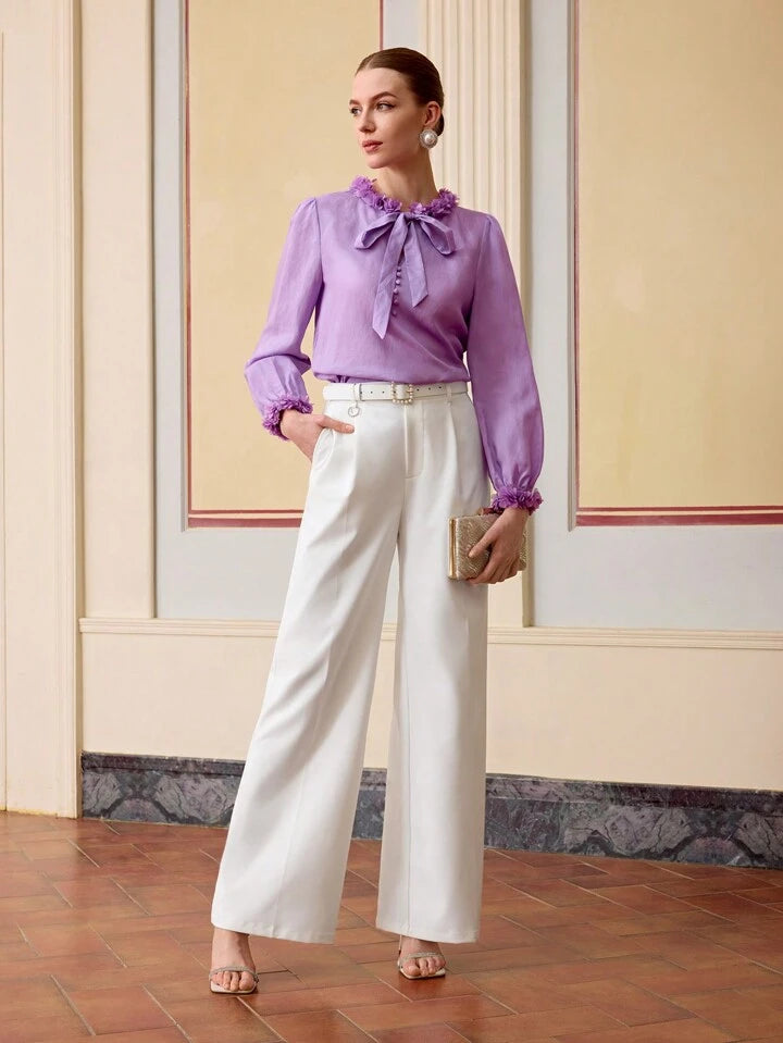 CM-TS111041 Women Elegant Seoul Style Appliques Tie Neck Long Sleeve Linen Blouse - Mauve Purple