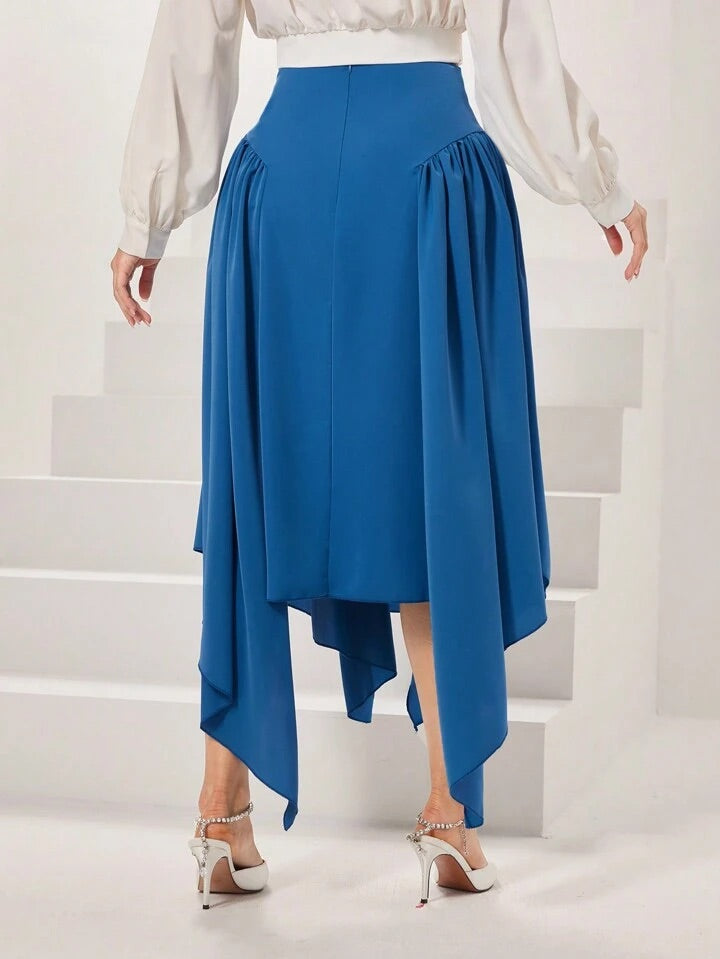 CM-BS168235 Women Elegant Seoul Style Solid Color Asymmetric Hem Skirt - Blue