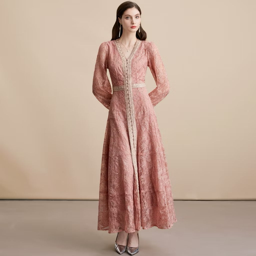 CM-DY054273 Women Elegant European Style V-Neck Long Sleeve Pinched Waist Long Dress - Red