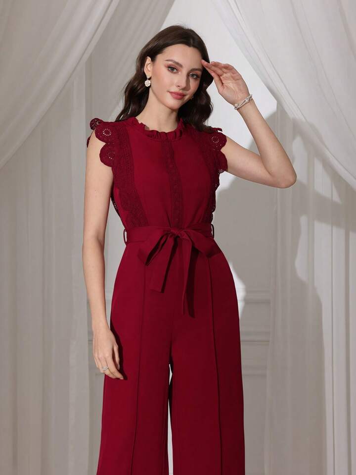 CM-JS463660 Women Elegant Seoul Style Lace Patchwork Sleeveless Straight Leg Jumpsuit - Burgundy