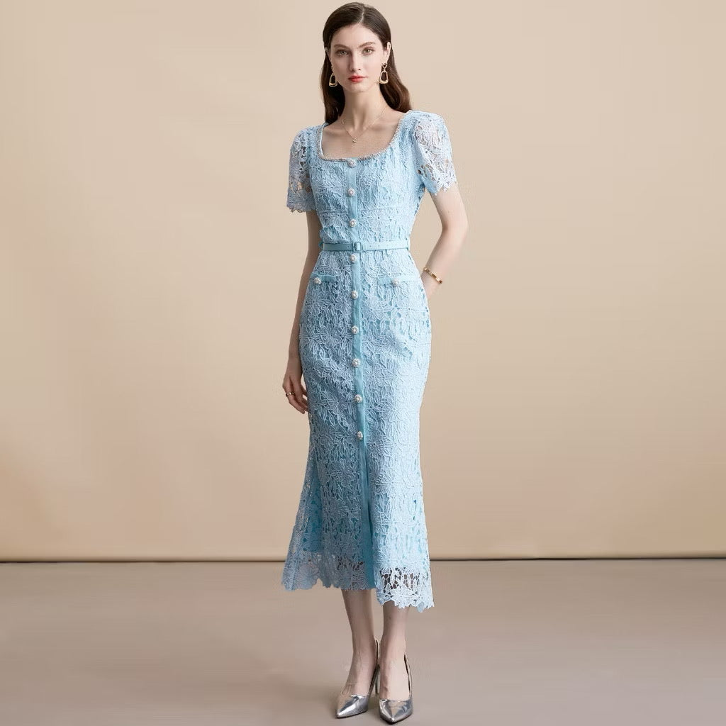 CM-DY054108 Women Elegant European Style Square Collar Short Sleeve High Waist Belted Midi Dress - Blue