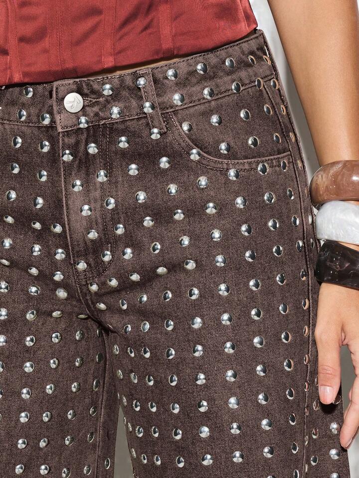 CM-BS944409 Women Casual Seoul Style High Waisted Metal Studs Wide Leg Palazzo Jeans - Burgundy