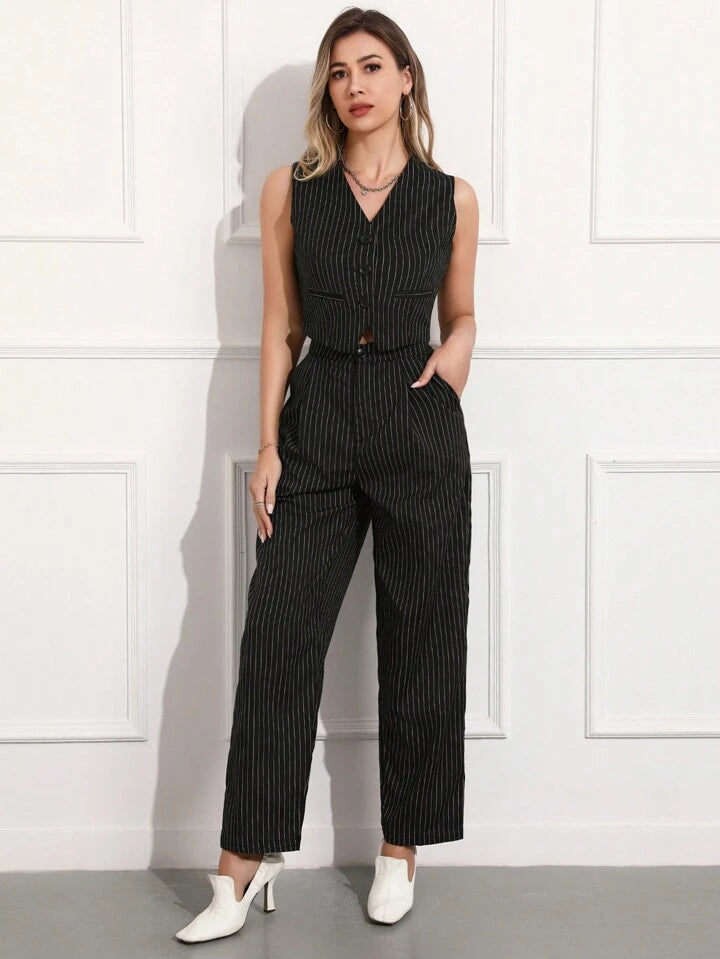 CM-SS615126 Women Elegant Seoul Style Striped Sleeveless Crop Waistcoat With Pants Suit - Black