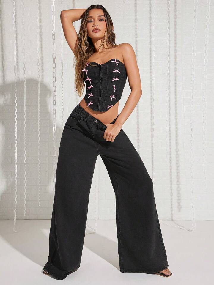 CM-BS178344 Women Casual Seoul Style Versatile Solid Color Wide Leg Jeans - Black