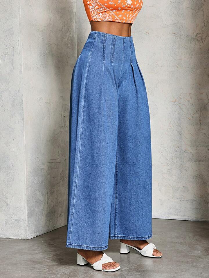 CM-BS299895 Women Casual Seoul Style Medium Wash High Waist Pleated Loose Wide Leg Jeans