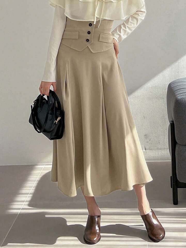 CM-BS000500 Women Trendy Bohemian Style High Waist Button Detail Skirt - Khaki