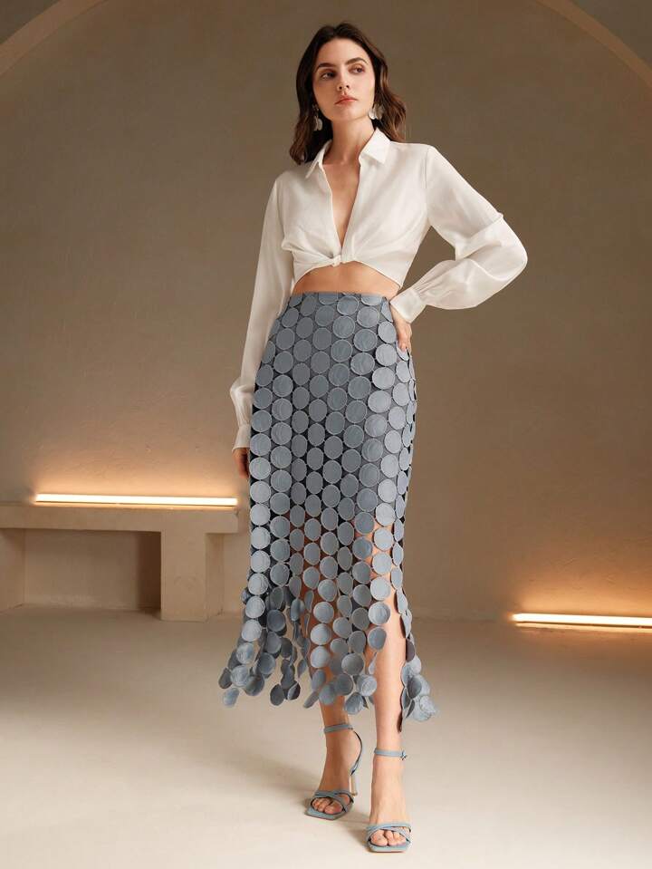 CM-BS544450 Women Trendy Bohemian Style Laser Cut Multi Circle Double Layered Maxi Skirt - Light Gray