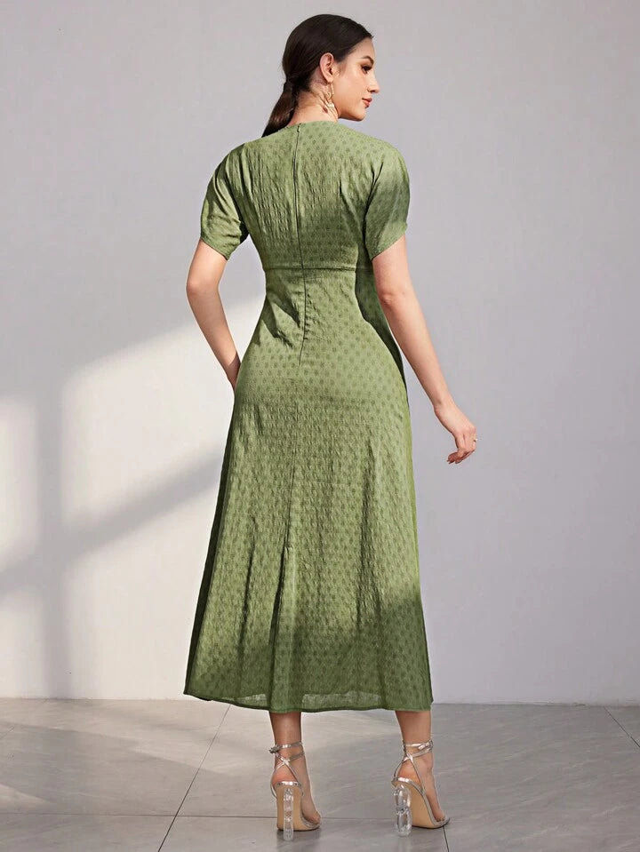 CM-DS764766 Women Elegant Seoul Style Round Neck Short Sleeve Pleated Waist Dress - Green