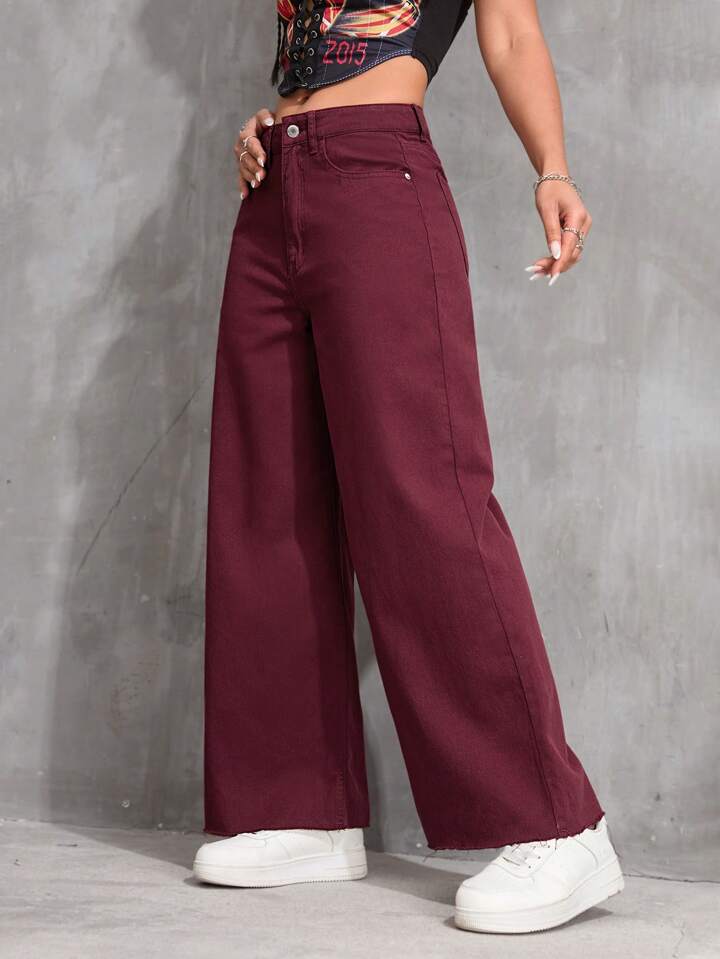 CM-BS311211 Women Casual Seoul Style Solid Color High Waist Wide Leg Jeans - Burgundy