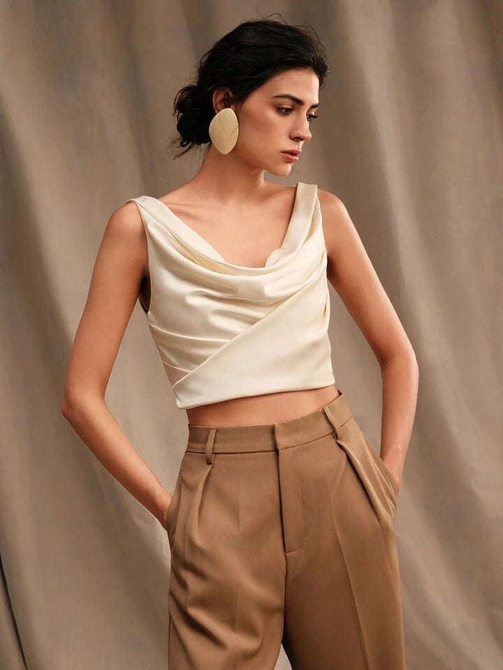 CM-TS599049 Women Casual Seoul Style Solid Color Drop Neck Sleeveless Shirt - Beige