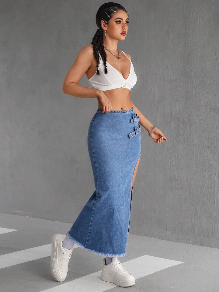 CM-BS748262 Women Casual Seoul Style Side Eyelet Buckle Slit Hem Long Denim Skirt
