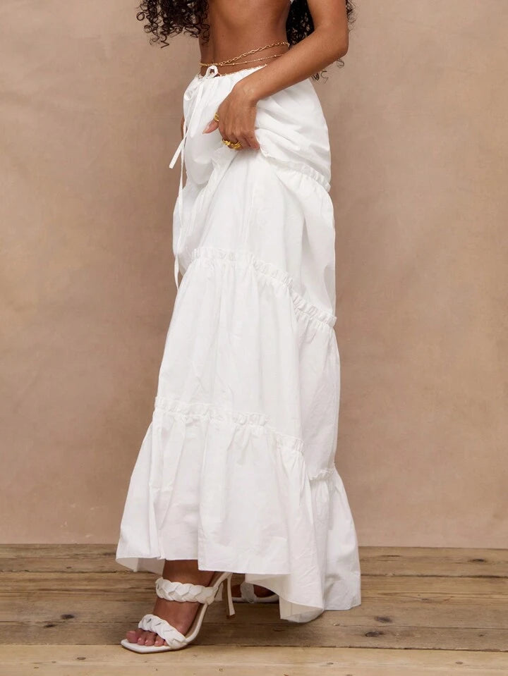 CM-BS298196 Women Trendy Bohemian Style Tiered Floaty Tie Waist Maxi Skirt - White