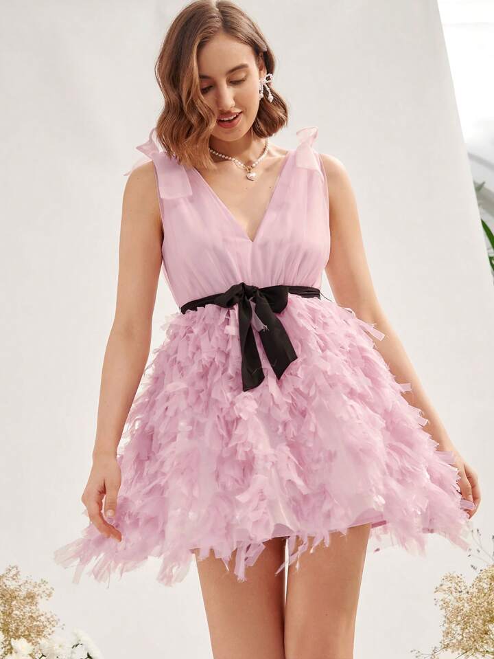 CM-DS533086 Women Elegant Seoul Style Tie Shoulder Belted Fuzzy Trim Dress With Belt - Pink