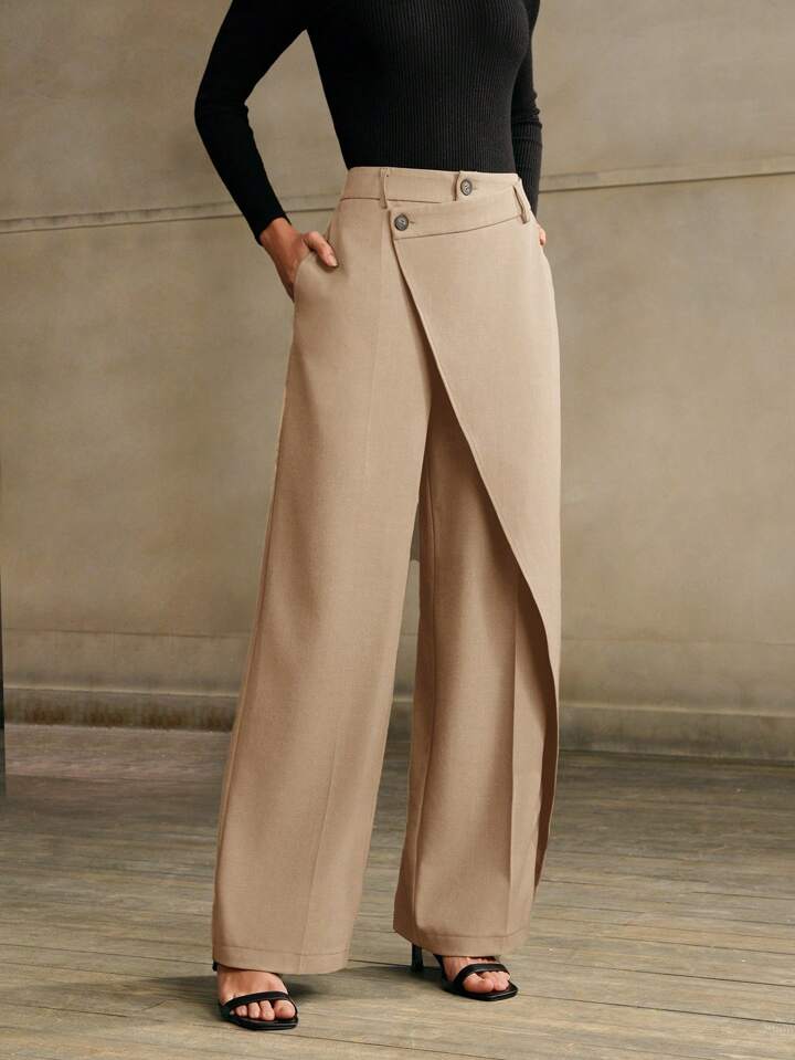 CM-BS366891 Women Elegant Seoul Style Asymmetrical Draping Cross-Wrap Pockets Straight-Leg Pants - Khaki