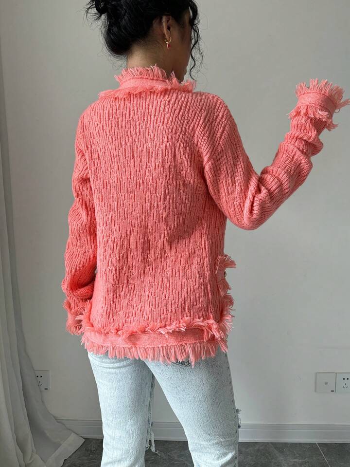 CM-CS419864 Women Casual Seoul Style Button Pockets Fringed Edges Long Sleeve Cardigan - Pink