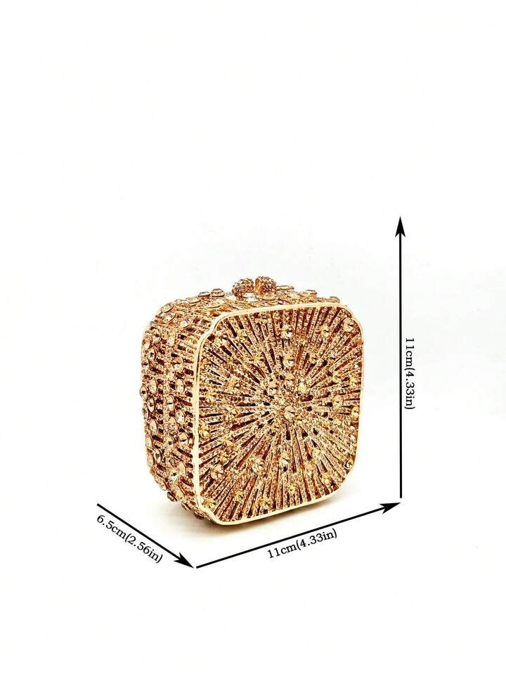 CM-BGS037116 Women Elegant Seoul Style Mini Square Box Rhinestone Clutch Purse - Gold