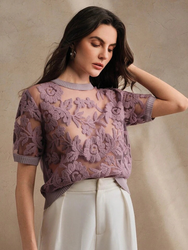 CM-TS870699 Women Casual Seoul Style Floral Mesh Round Neck Short Sleeve Knit Top - Purple