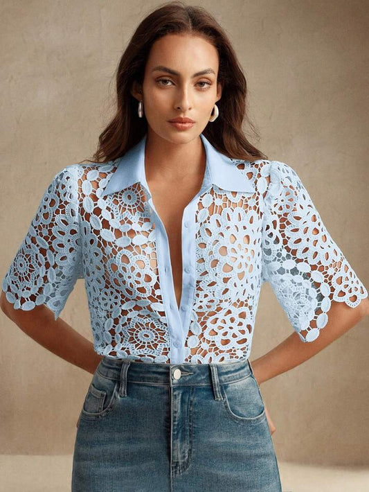 CM-TS564298 Women Casual Seoul Style Collar Neckline Half Sleeve Floral Hollow Out Lace Shirt Blouse - Blue