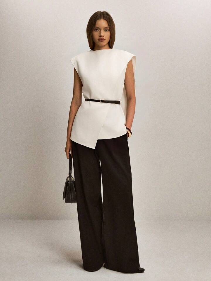 CM-TS563755 Women Elegant Seoul Style Stand Collar Sleeveless Asymmetric Hem Loose Blouse - Beige