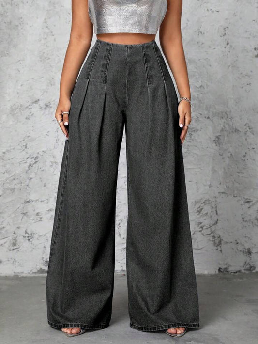 CM-BS521123 Women Casual Seoul Style High Waist Fold Pleated Ultra Wide-Leg Jeans - Dark Gray