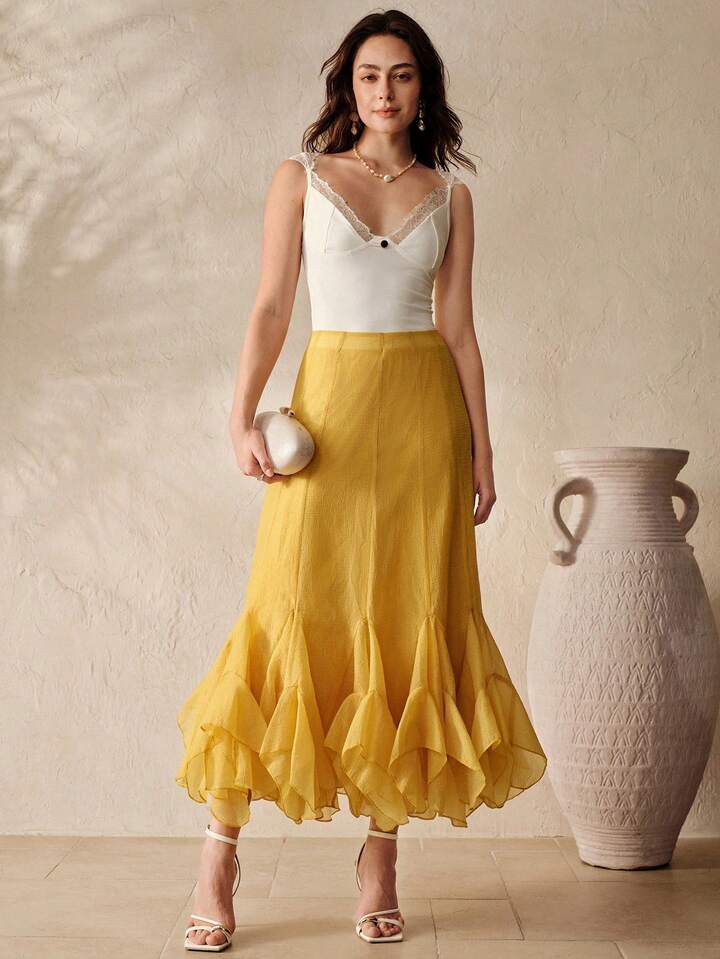 CM-BS938551 Women Elegant Seoul Style Mid Waist Textured Chiffon Layered Ruffle Hem Long Skirt - Yellow