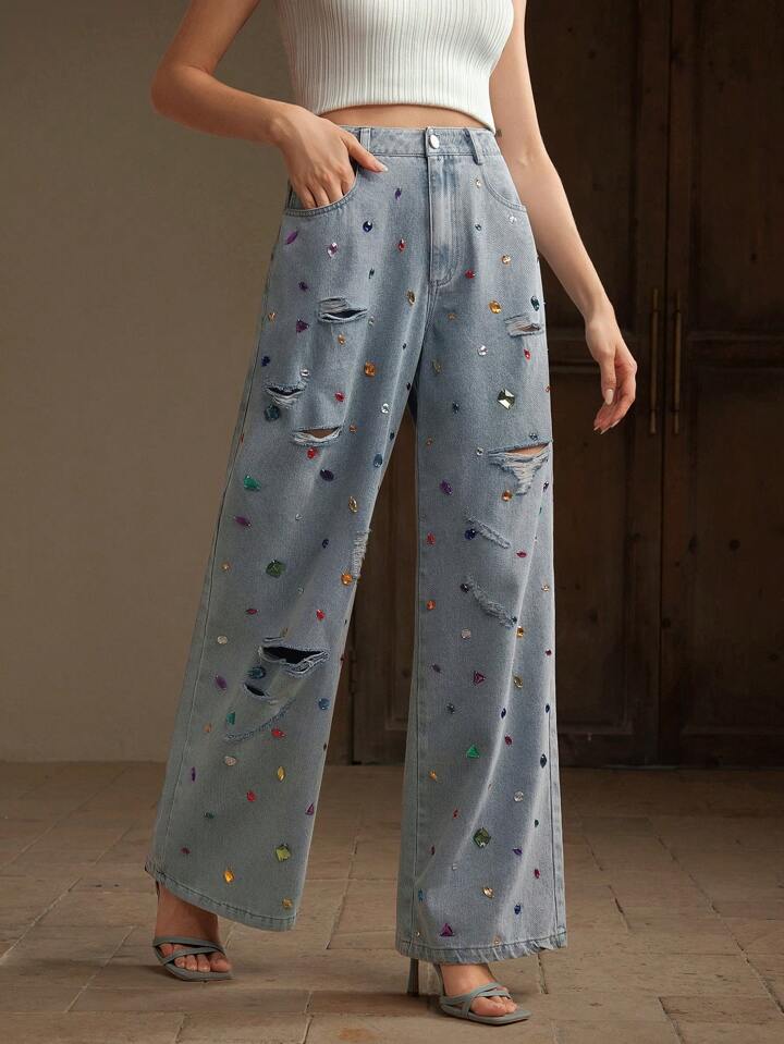 CM-BS261305 Women Elegant Seoul Style Light Wash Distressed Colored Rhinestone Embellished Jeans