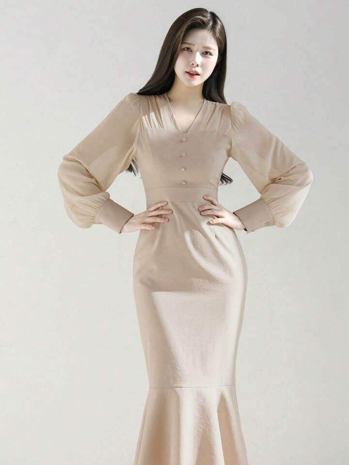 CM-DS531451 Women Elegant Seoul Style Solid Button Detail Long Sleeve Mermaid Hem Dress