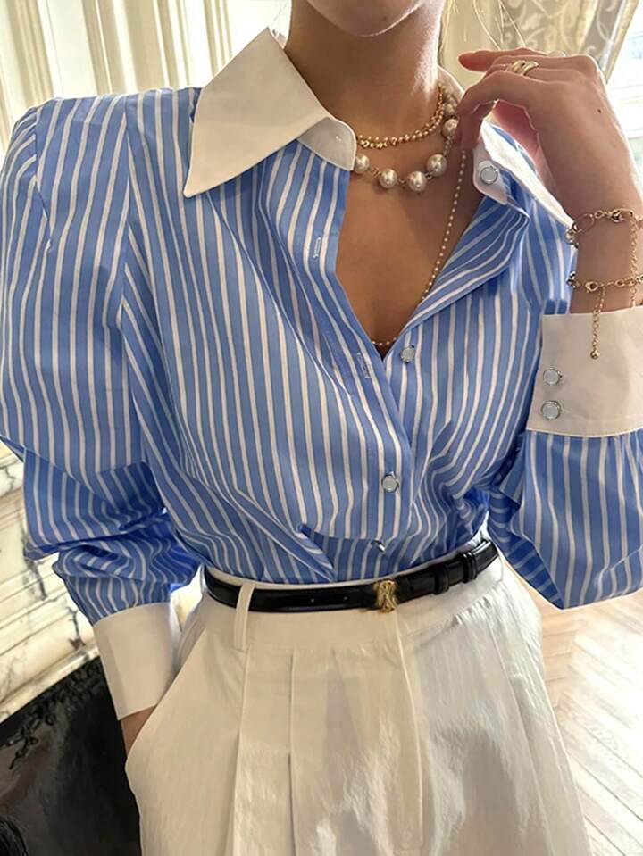 CM-TS630666 Women Casual Seoul Style Striped Button-Up Shirt Collar Long Sleeve Blouse - Blue