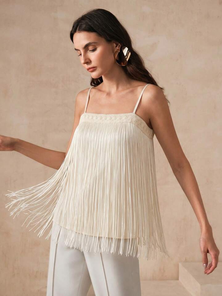 CM-TS027944 Women Elegant Seoul Style Tassel Contrast Lace Off-Shoulder Sleeveless Trim Tank Top - Apricot