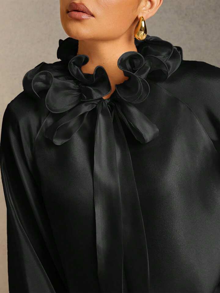 CM-TS753025 Women Elegant Seoul Style Solid Color Ruffle Trim Tie Neck Lantern Sleeve Blouse - Black