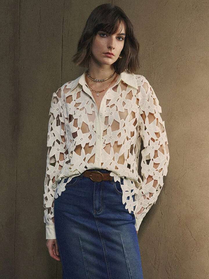 CM-TS750320 Women Elegant Seoul Style Floral Hollow Slightly Dropped Shoulder H-Shaped Patchwork Long-Sleeve Blouse