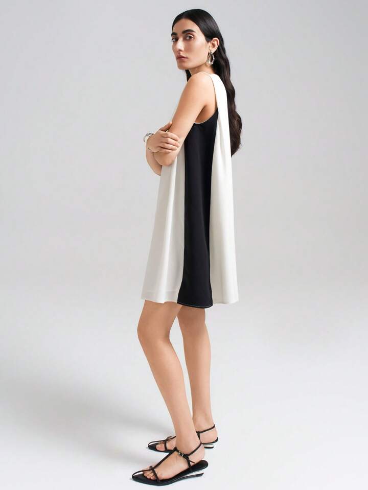 CM-DS223977 Women Elegant Seoul Style Round Neck Sleeveless Color Block Patchwork Mini Dress