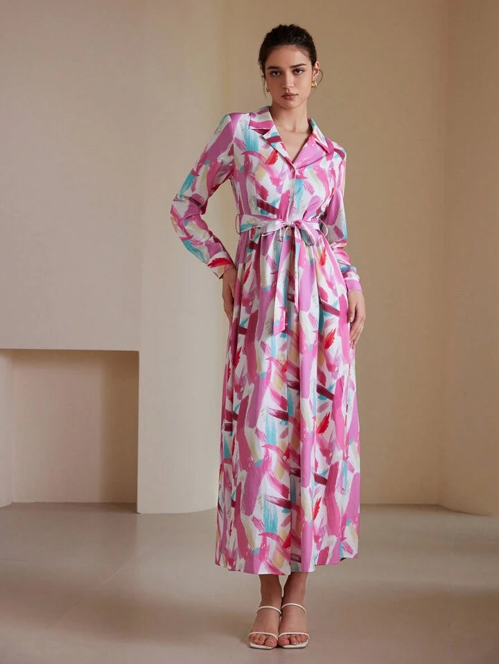 CM-DS442002 Women Casual Seoul Style Printed Turn-Down Collar Cinched Waist Waist Long Sleeve Dress