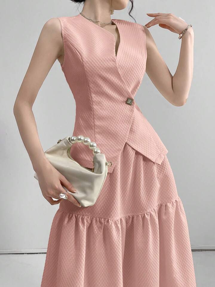 CM-SS546707 Women Elegant Seoul Style Solid Button Front Vest Jacket With Ruffle Hem Skirt - Pink