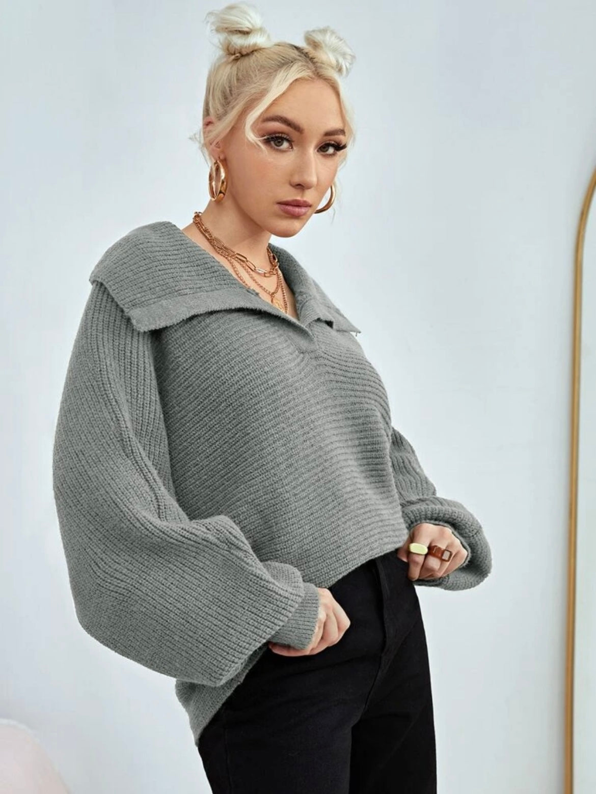 CM-CS902722 Women Casual Seoul Style Loose Fold Collared Bishop Sleeve Sweater - Gray